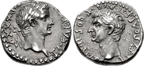 Tiberius ve oğlu Drusus'un portresini taşıyan Drahm, NGC Eskiler