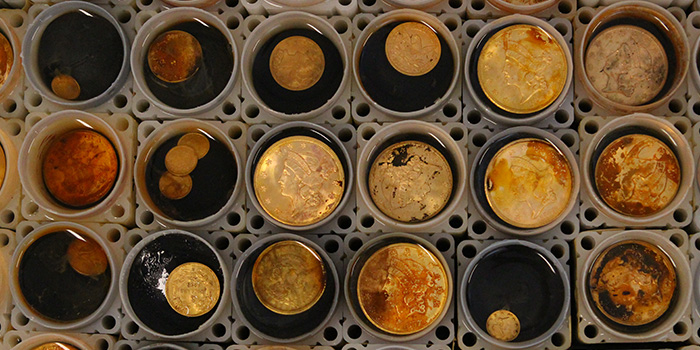 SS Central America Recovered Gold Rush Treasure - Gold Coins being Curated in Solution