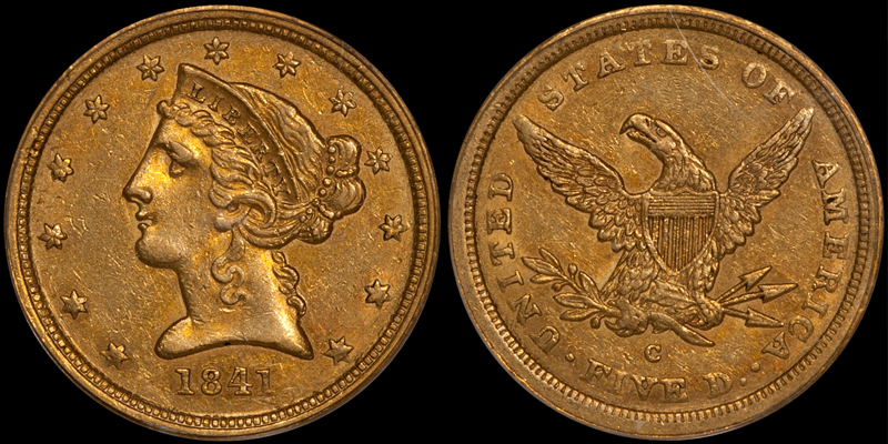 1841-C $5.00 PCGS AU55 CAC, EX NORWEB. Images courtesy Doug Winter