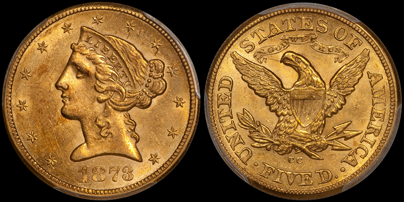1873-CC $5.00 PCGS MS61. Images courtesy Doug Winter