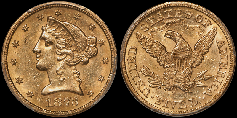 1873-S $5.00 PCGS AU58 CAC. Images courtesy Doug Winter