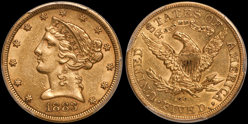 1883-CC $5.00</strong> PCGS AU55 CAC. Images courtesy Doug Winter