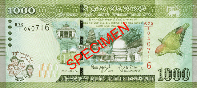 Front, Sri Lanka 2018 70th Anniversary Independence 1,000 Rupee Commemorative Banknote. Image courtesy De La Rue