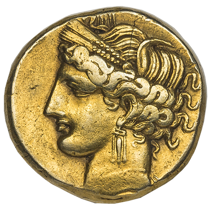 Goddess Tanit on Carthaginian Gold & Silver 1 1/2 Shekel. Image courtesy Atlas Numismatics