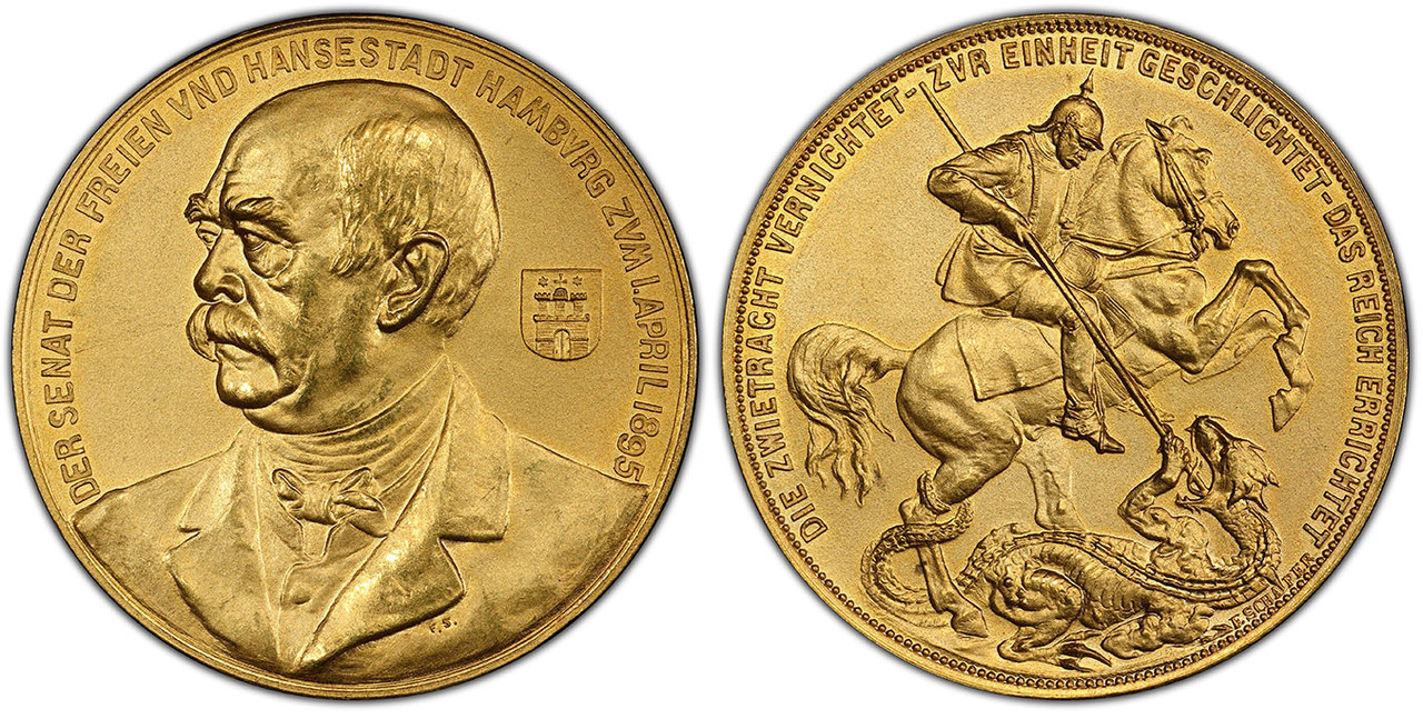 GERMAN STATES. Hamburg. Otto von Bismarck. 1895 AV Medallic 100 Marks (Portugalöser). Images courtesy Atlas Numismatics