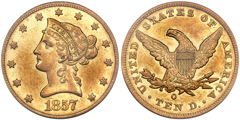 1857-O $10.00 PCGS AU50, COURTESY OF HERITAGE