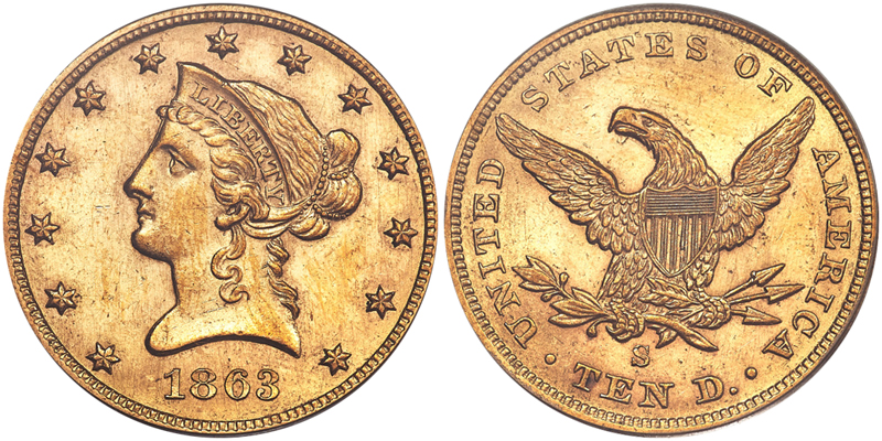 1863-S $10.00 PCGS MS60, COURTESY OF HERITAGE