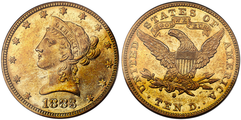 1883-O $10.00 PCGS AU58, COURTESY OF HERITAGE