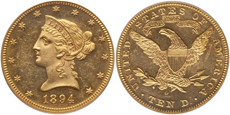 1894-O $10.00 PCGS MS61 CAC GOLD STICKER, COURTESY OF HERITAGE