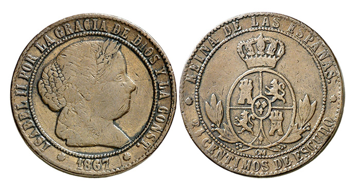 Contemporary Counterfeit 2 1/2 centimos de escudo 1867B-OM - courtesy Aureo & Calicó