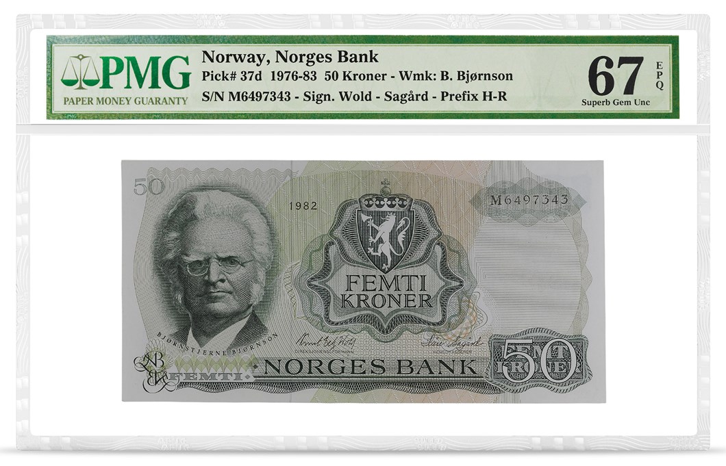 Norway, Norges Bank, Pick# 37d, 1976-83, 50 Kroner, front PMG graded 67 Superb Gem Uncirculated EPQ - PMG Nobel Prize