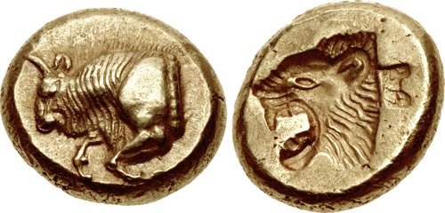 Mytilene hecte with the forepart of a bull and a lion’s head, c.521 to 478 BCE. Images courtesy CNG, NGC