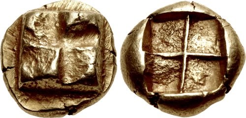 Ionia hecte, uncertain mint, with raised ‘swastika’ design obverse, c.625 to 600/550 BCE. Images courtesy CNG, NGC