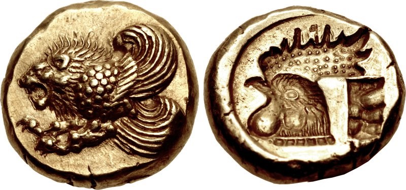 Mytilene hecte with the forepart of a winged lion and the head of a cock, c.521 to 478 BCE. Images courtesy CNG, NGC