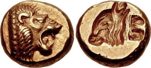 Mytilene hecte with the heads of a lion and a calf, c.521 to 478 BCE. Images courtesy CNG, NGC