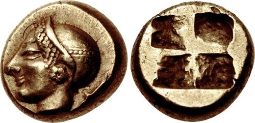 Phocaea hecte bearing the head of a female wearing a close-fitting cap, c.521 to 478 BCE. Images courtesy CNG, NGC