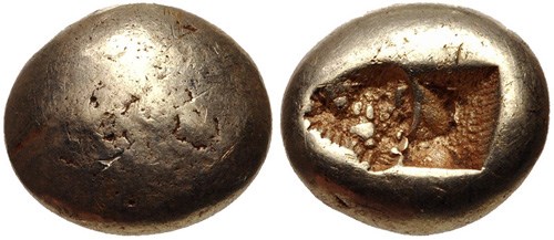Ionia hecte, uncertain mint, with plain obverse, c.650 to 600 BCE. Images courtesy CNG, NGC