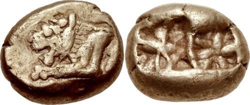 Electrum hectae thought to be royal issues from the neighboring region of Lydia, issued c.610 to 560 BCE. Images courtesy CNG, NGC