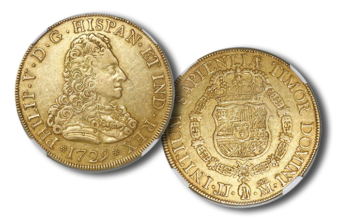  Madrid, Spain, bust 8 escudos, Philip V, 1729JJ. NGC XF45