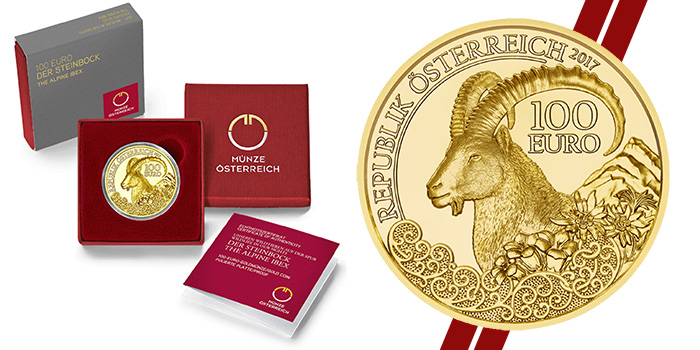 Austrian Mint - 100 euro Alpine Ibex coin and box art