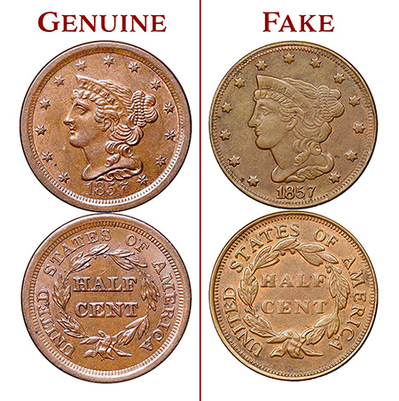 Real vs. Fake 1857 Half Cent Counterfeit Coin