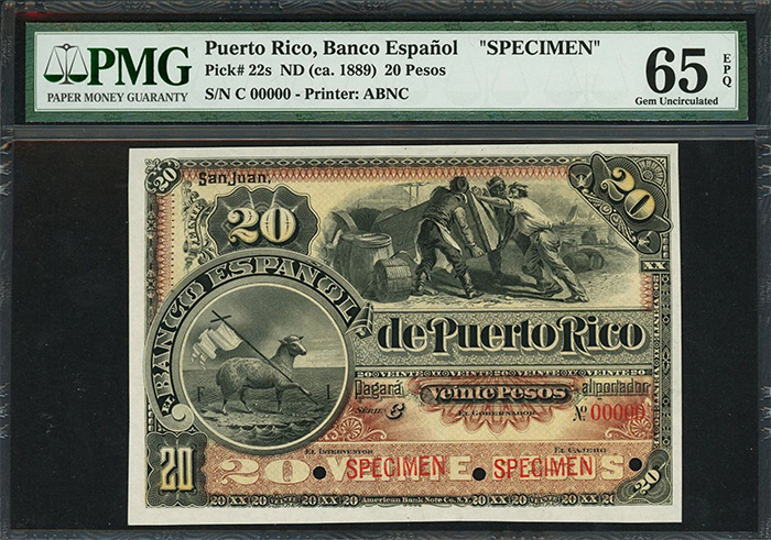 Puerto Rican specimen 20 pesos note PMG 65EPQ