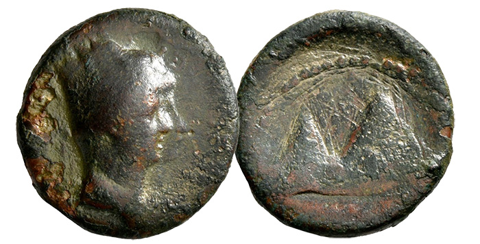 KINGS OF ARMENIA. Tigranes IV (Restored) and Erato, 2 BCE - 1 CE. Dichalkon (Bronze, 19 mm, 5.23 g, 12 h), Artaxata. Jugate busts of Tigranes IV, wearing diademed Armenian tiara, and Erato to right. Rev. [ΦΙΛΟΚΑΙCΑΡ] The twin peaks of Mount Ararat, as seen from Artaxata. Bedoukian, Coinage, 128 ('Tigranes II?'). F. Kovacs: Tigranes IV, V, and VI: New Attributions, in: AJN 20 (2008), p. 337-350. Nercessian CA 122 ('Tigranes II'). Extremely rare.