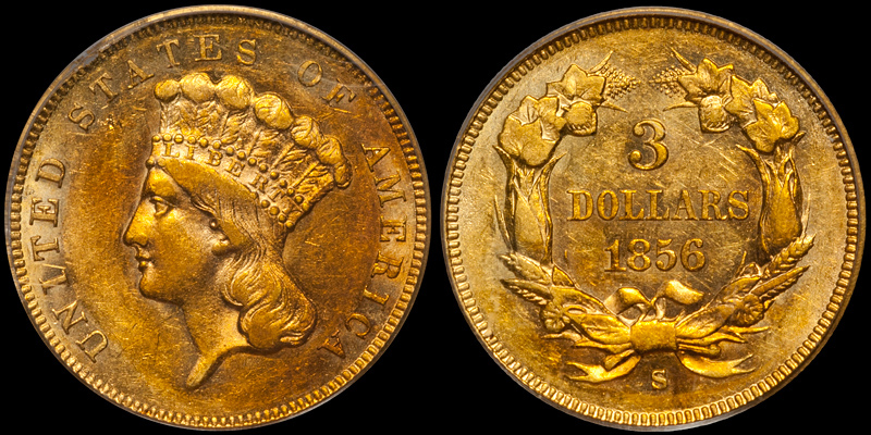 1856-S $3.00 PCGS AU55 CAC, FROM THE SS CENTRAL AMERICA. Images courtesy Doug Winter