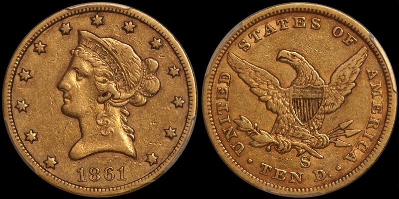 1861-S $10.00 PCGS EF40 CAC. Images courtesy Doug Winter
