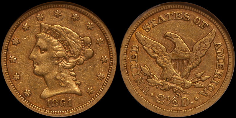 1861-S $2.50 NGC EF45 CAC. Images courtesy Doug Winter