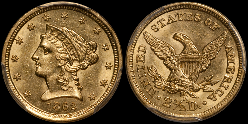 1862-S $2.50 PCGS MS61 CAC. Images courtesy Doug Winter