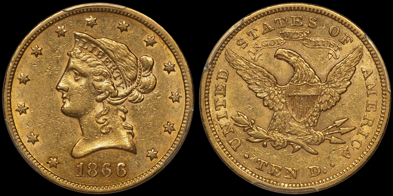 1866-S MOTTO $10.00 PCGS AU55 CAC. Images courtesy Doug Winter