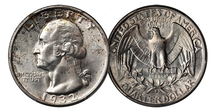 1932-S Washington quarter PCGS MS64 CAC. Price Realized:$763.75.