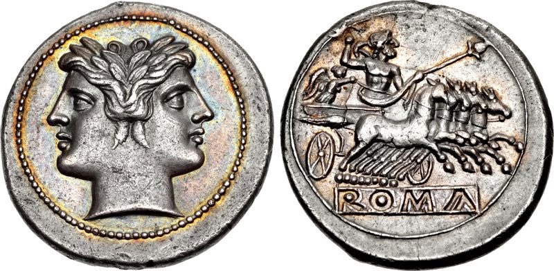 Silver quadrigatus didrachm of Rome. Images courtesy CNG
