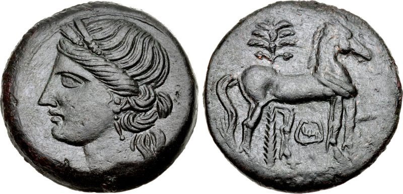Low-value coin of Carthage during the Second Punic War. Obverse features goddess Tanit