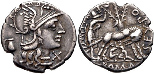 Denarius of Sex. Pompeius Fostulus, c.137 BCE. NGC