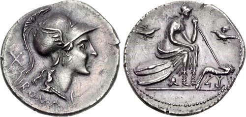 Denarius (anonymous), c.115-114 BCE. NGC