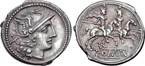 Denarius (anonymous) of c.179-170 BCE. NGC