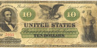 United States 1861 $10 Demand Note. Image courtesy PMG