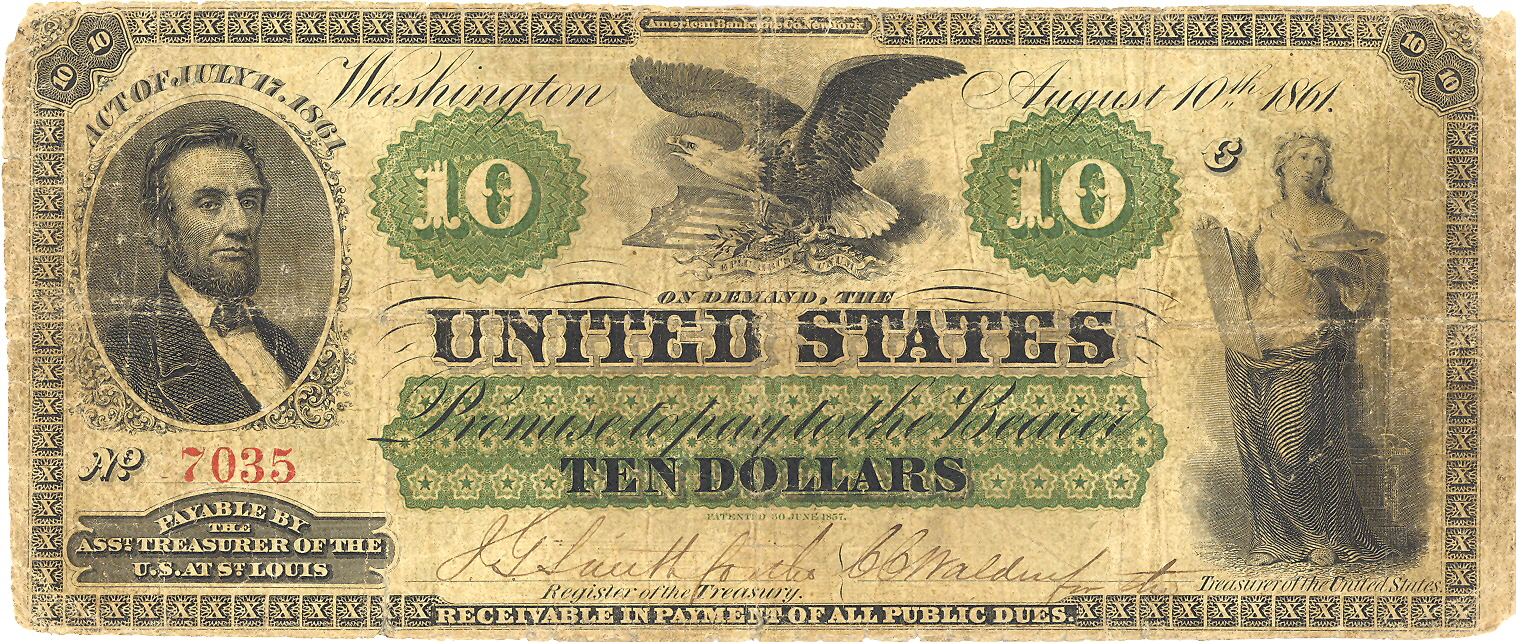 United States 1861 $10 Demand Note. Image courtesy PMG