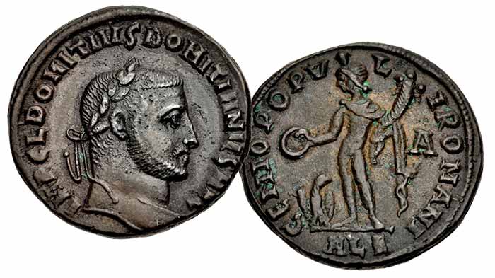 Domitius Domitianus. Usurper, AD 297-298. Æ Follis (26mm, 9.98 g, 12h). Alexandria mint, 1st officina. 2nd emission, AD 298. IMP C L DOMITIVS DOMITIANVS AVG, laureate head right / GENIO POPV L I ROMANI, Genius standing left, holding cornucopia and sacrificing with patera; to left, eagle standing facing, head right; A//ALE. RIC VI 20.