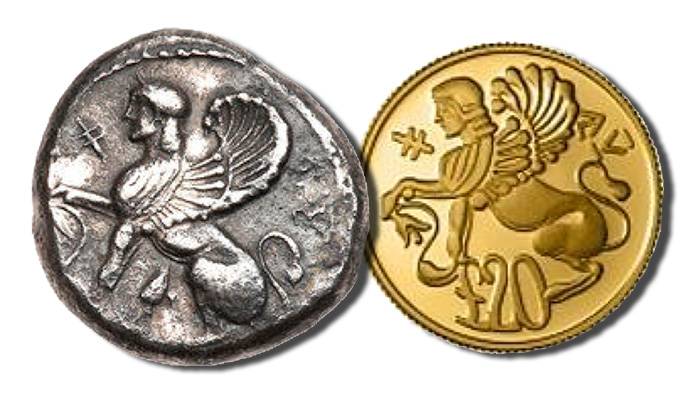 Left: Cyprus, Idalion. Uncertain king. Silver Stater (10.79 g), ca. 470-460 BCE; Right: Cyprus 20 Pounds, 1992 example.
