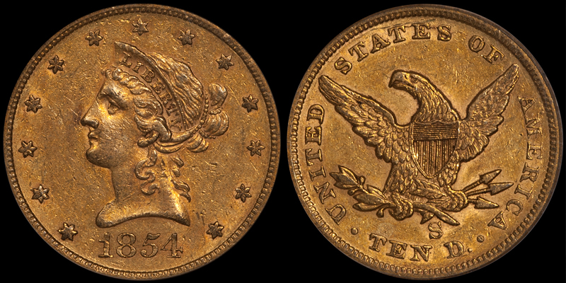 1854-S $10.00 PCGS AU50 CAC. Images courtesy Doug Winter Numismatics