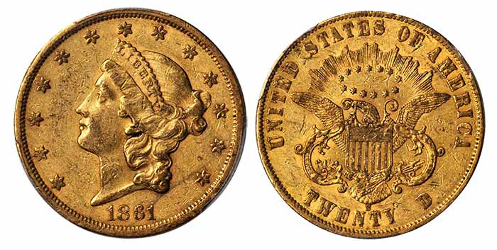 1861-S $20 Liberty Head Double Eagle Paquet Reverse