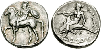 Calabria, Taras. Silver Didrachm, c.425-209 BCE. Images courtesy NGC