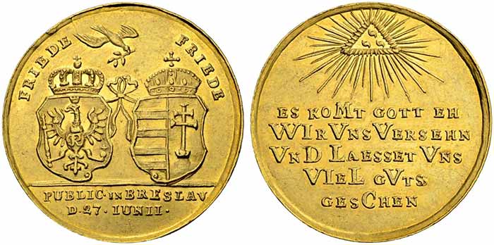 Frederick II. Gold medal of 5 ducats 1742. Sincona 46