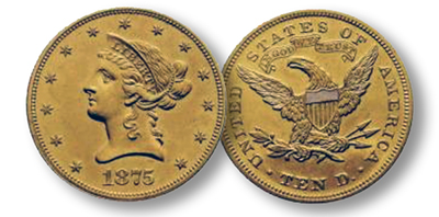1875 Gold $10 - Ex: Byron Reed