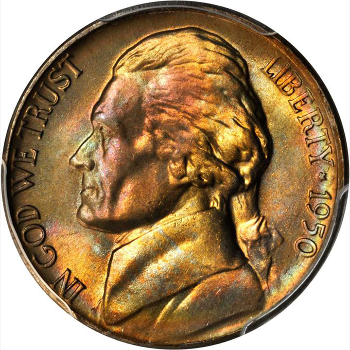 Obverse of a 1950-D Jefferson nickel