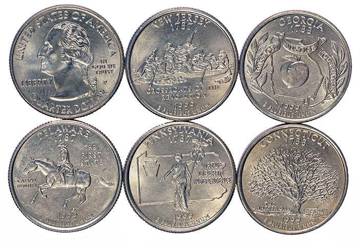 1999 50 State Quarters: Delaware, Connecticut, Pennsylvania, New Jersey, and Georgia