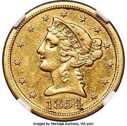 1854-S  Liberty $5 NGC XF-45 - Fourth Known Example.